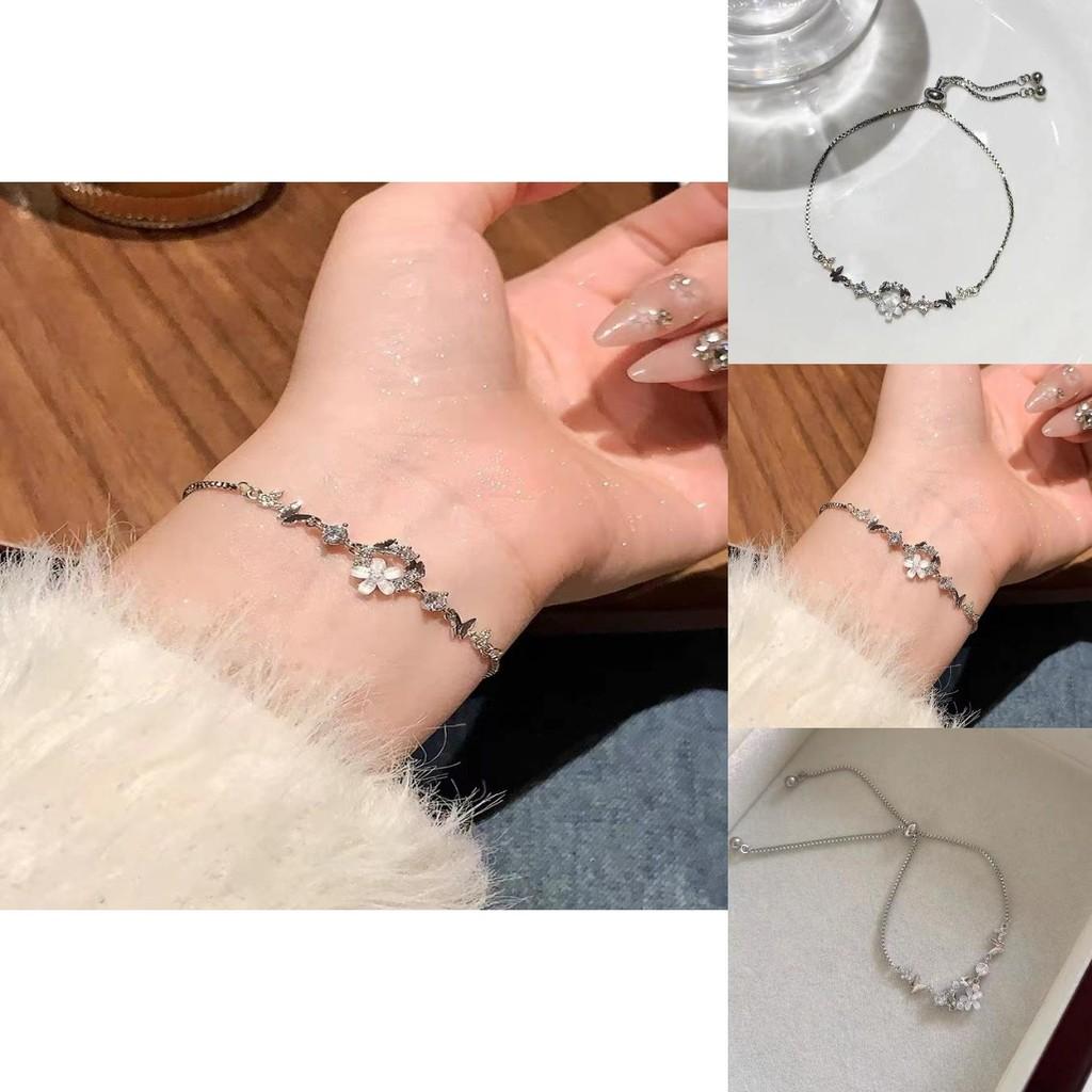 Chic Fashionable Women's Silver Bracelet With Elegant Flower And Butterfly Features