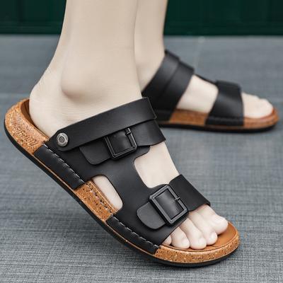 Mode Schwarz Echtes Leder Kork Sandalen Herren Retro Sommer Sportschuhe Lässige Strandsandalen Modisch und Neuartig