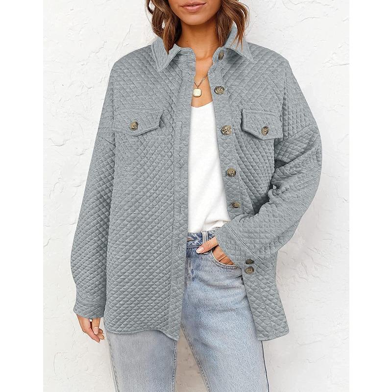 Womens Solid Color Diamond Pocket Casual Buttoned Collared Jacket