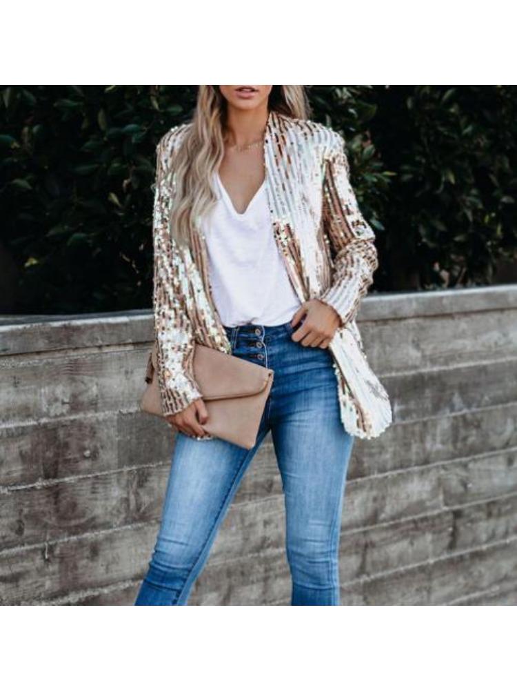 Blazer da Donna con Paillettes, Rever a Tacca e Manica a 3/4