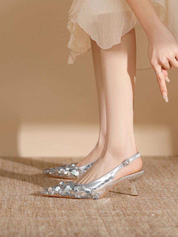 

French niche high heels silver temperament bag head sandals 2024 new spring and summer heel with slippers fairy shoes 40 срібний