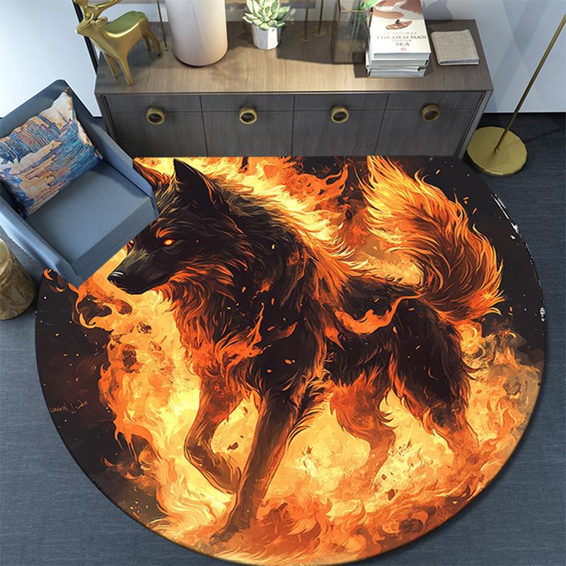 Flaming Wolf Round Area Rug,Carpet Rug for Living Room Bedroom Sofa Playroom Decor,Non-slip Floor Mat