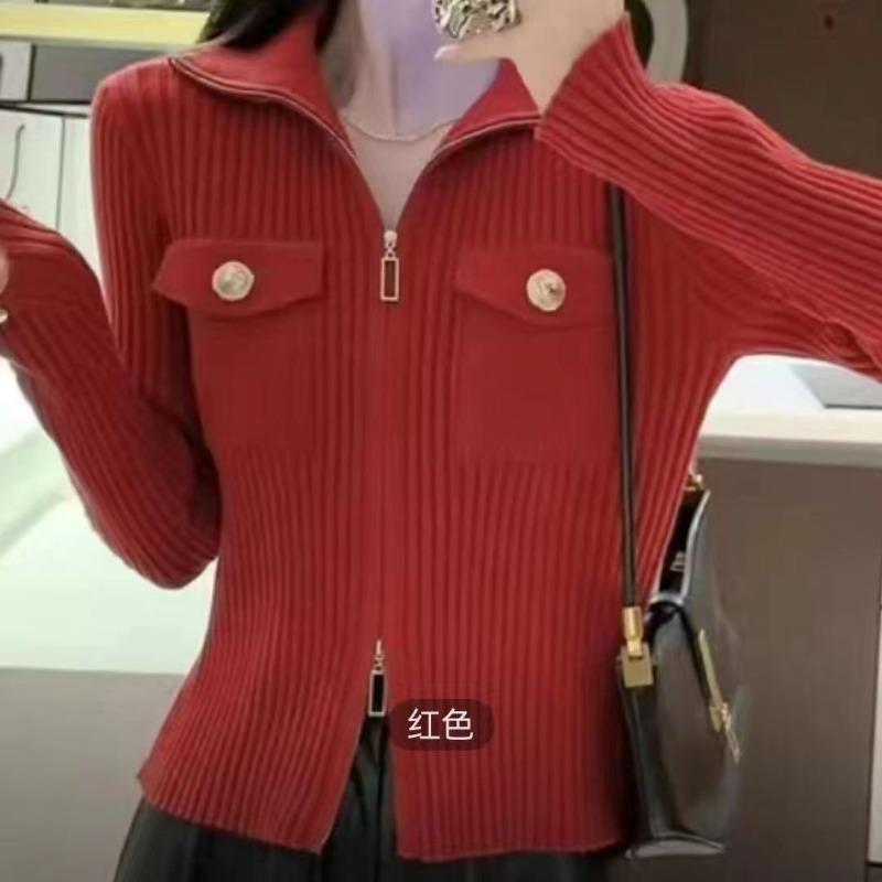 

Autumn and winter new knitted cardigan women s fashion slim-fit short double zipper lapel women s sweater jacket average size красный