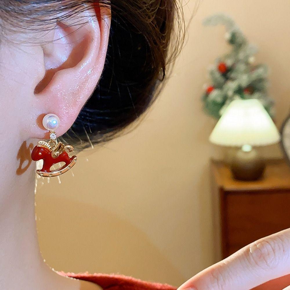 Chinese Horse New Year Pearl Pony Earrings Fashion Jewelry Red Drop Earrings  Lady