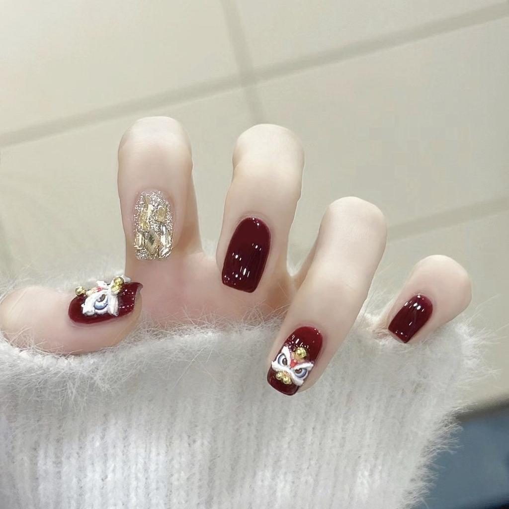 Pure Hand-made Phototherapy Wearer Red Lion Dance Finished Product Reusable Nail Art Patch