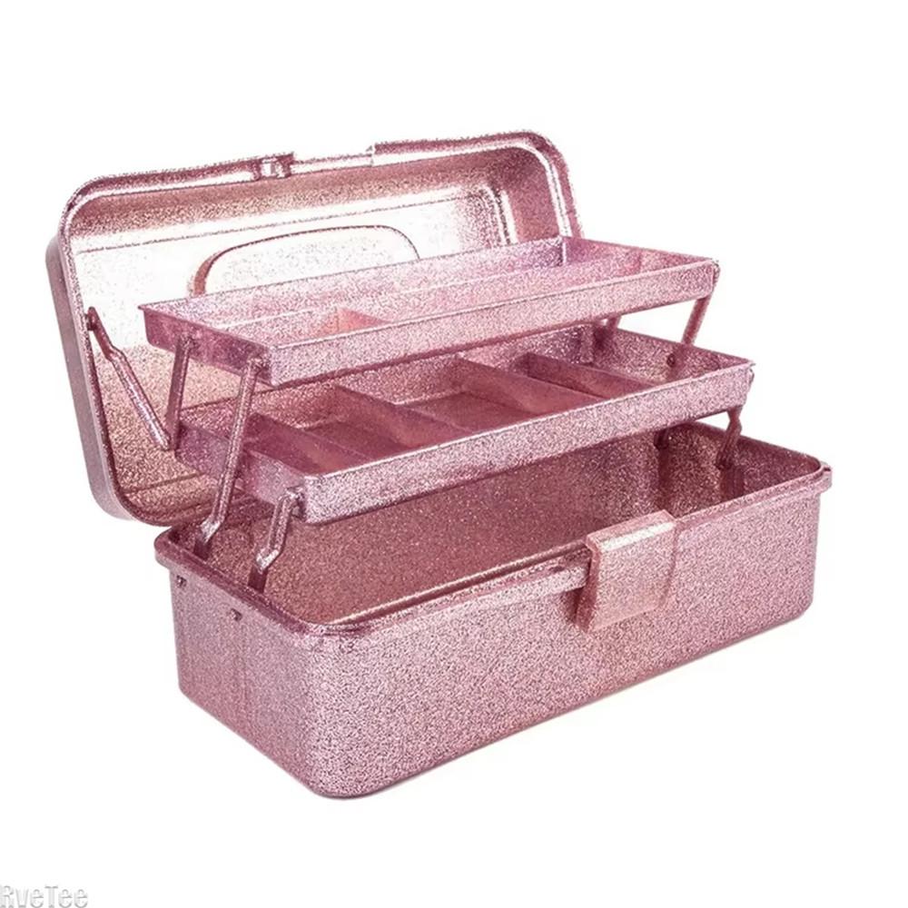 Glitter Pink & Craft Tool Storage Box,3-Layer Stackable Carry Tackle Box Sewing Box Organizer For Art