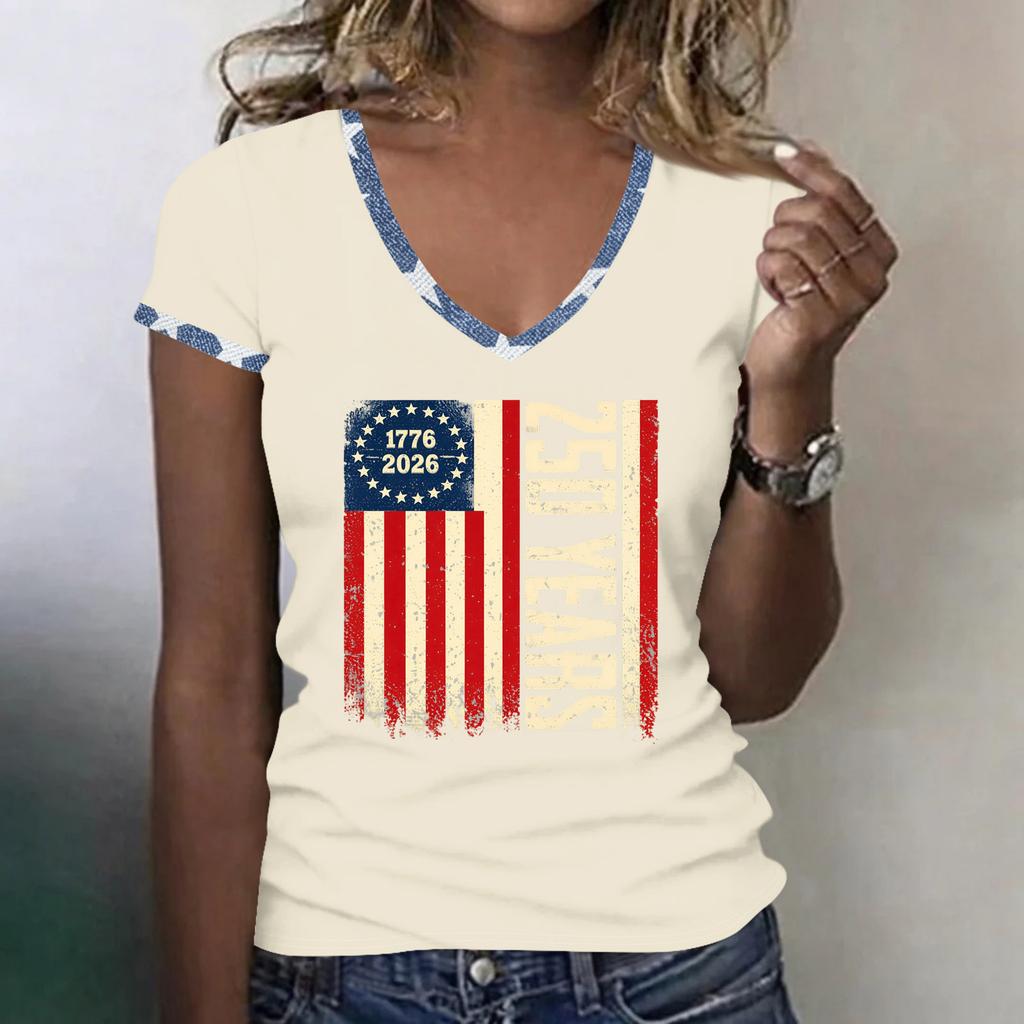 Womens V Neck Short Sleeve T Shirt 250 Years 1776 2026 Graphic Print Casual Loose Fit Top for Everyday Wear