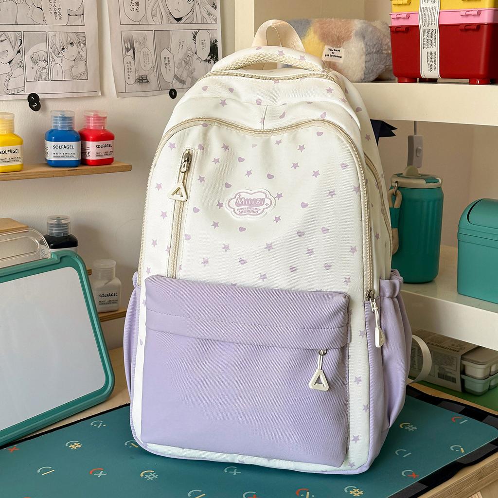Schoolbag milk huhu cherry blossom powder star color matching backpack vitality junior high school girls class outing lightweight versatile schoolbag