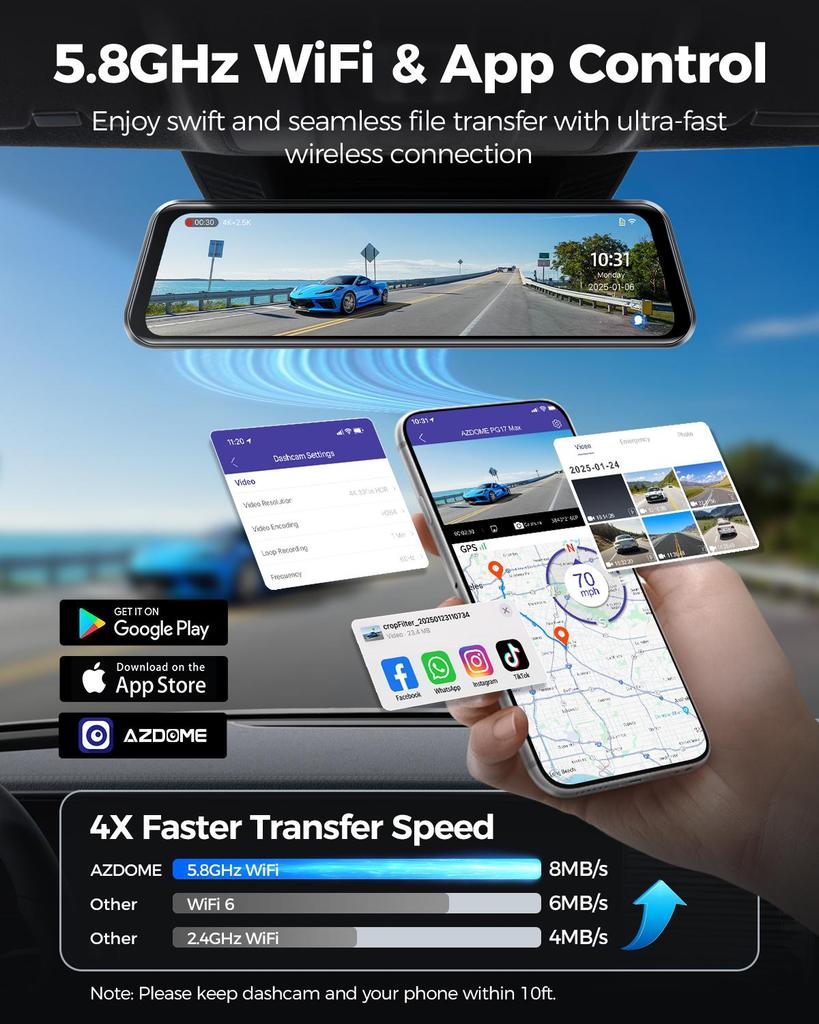 AZDOME PG17 Max 4K+2.5K Mirror Dash Cam with ADAS BSD and LCA 12" Rear View Mirror Camera with 5GHz WiFi Includes 64GB Card