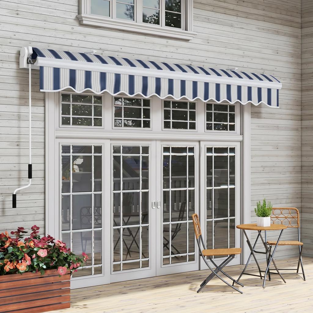 Manual Retractable Awning, 395 x 245 cm, Adjustable Angle, Anti-UV, Waterproof, Blue and White