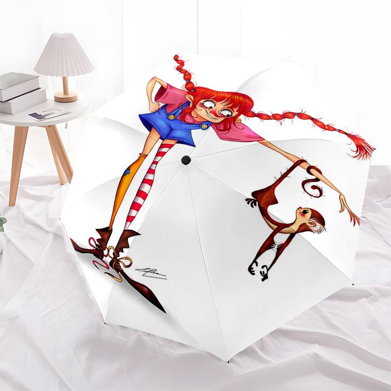 Pippi Longstocking Themed Travel Umbrella-8 Ribs Automatic Opening and Closing, Portable Folding Design, Compact and Stylish Umbrella Suitab