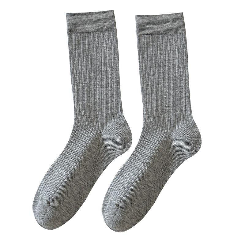 Women's Vertical Stripe Wool Socks: Thick, Warm, Simple, Solid Color, Versatile Japanese College Style, Mid-Calf Pile Socks for Autumn and Winter