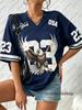 2026 Sommer Blau Speed 23 Bedrucktes T-Shirt Für Damen V-Ausschnitt Kurzarm Sport Fußballtrikot Y2K Locker Übertrieben Große Oberteile