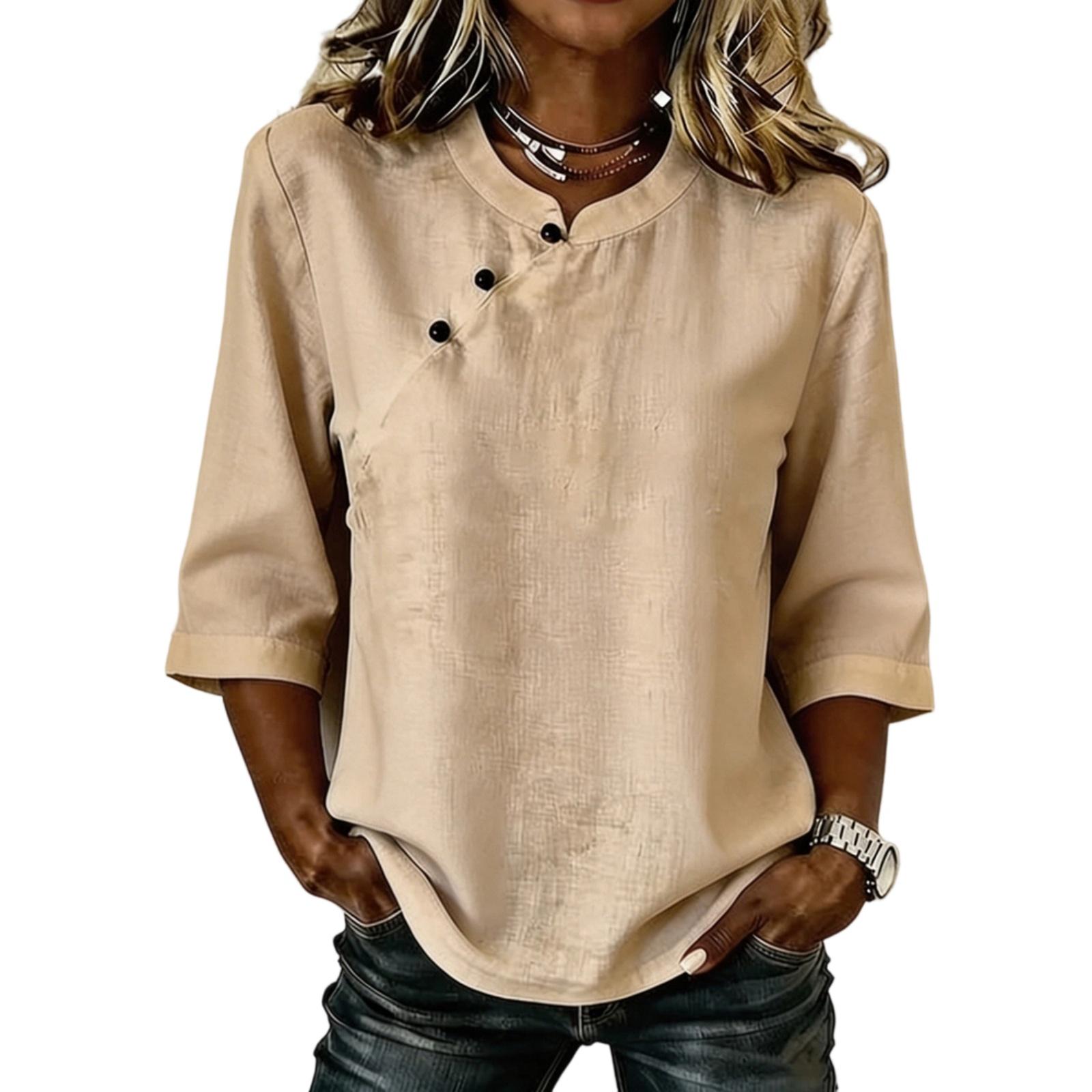 

Women’s Loose Fit Lightweight Crew Neck Blouse with Decorative Button and Half Sleeves Casual Tunic Top L хаки