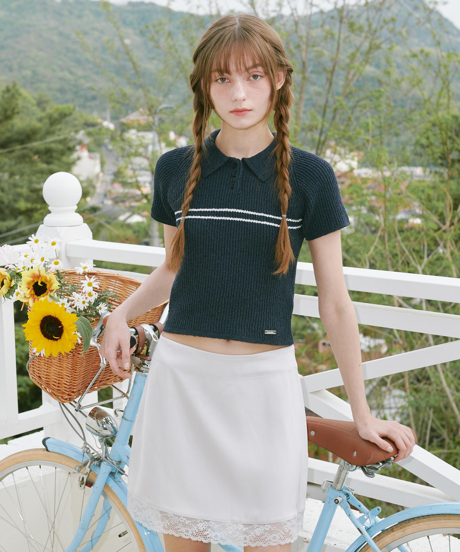 Belloel Striped Collar Half Knit Navy Free