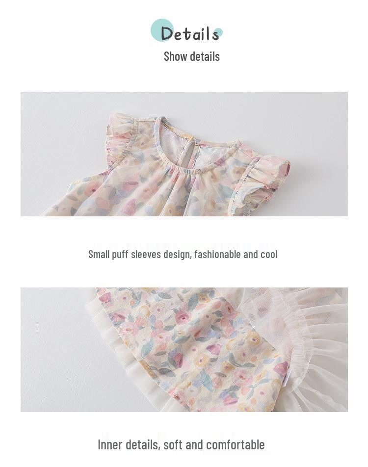 Korean Style Girls' Floral Puff Sleeve Princess Dress with Breathable Mesh Skirt for Infants and Toddlers