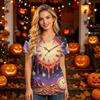 Women’s V Neck Short Sleeve Top with Halloween House Print and Functional Pocket for Healthcare Professionals