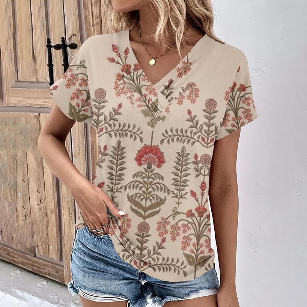 vintage women floral print t shirt short sleeve v neck tops comfortable t-shirts