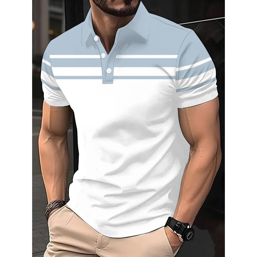 Fashionable men's summer polo shirt with casual lapel button design and custom striped print
