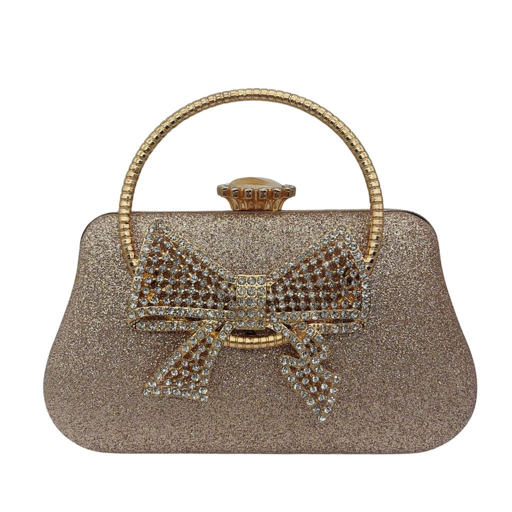 Diamond Bow Women's Evening Bag Fashion Stones Top-Handle Crystal Wedding Party Clutch Long Chain Gold/Silver Handbags For Lady