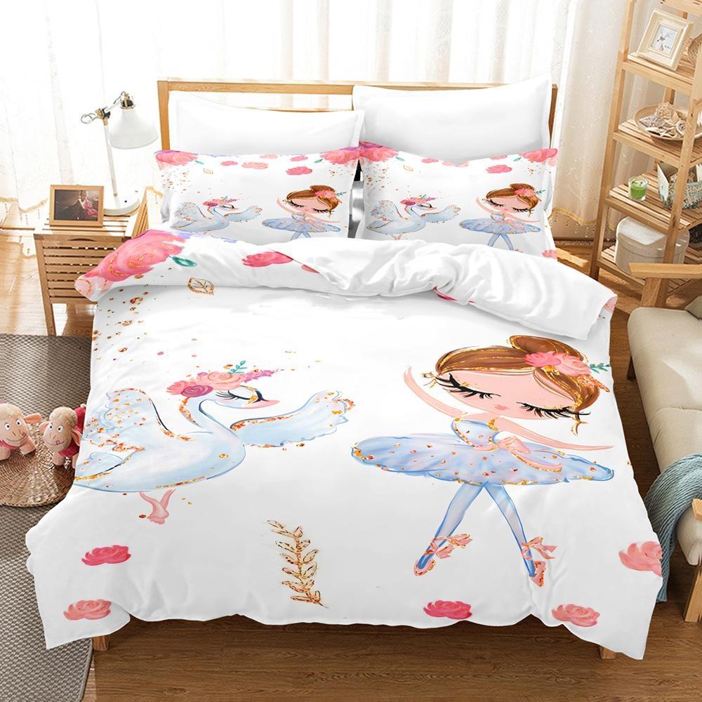 Cartoon Duvet Cover Twin King Kawaii Swan Ballerina Girl Bedding Set Microfiber Cute Dancer Comforter Cover Ballerina Room Decor