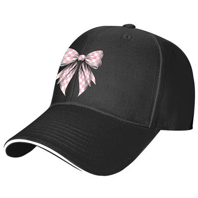 Pink Checkered Bow Baseball Cap Unisex Polyester Breathable Adjustable Outdoor Casual Hat