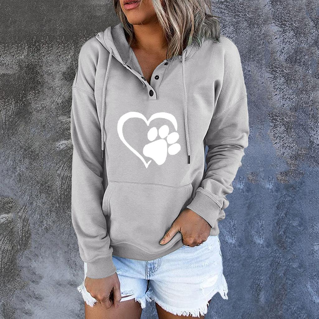 Women's Fashion Casual Loose Love Printed Button Drawstring Stitching Long-sleeved Kangaroo-pocket Hooded Sweatshirt
