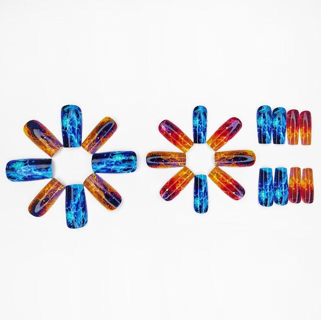Red & Blue Flame Gradient Square False Nails – 2 Piece Set