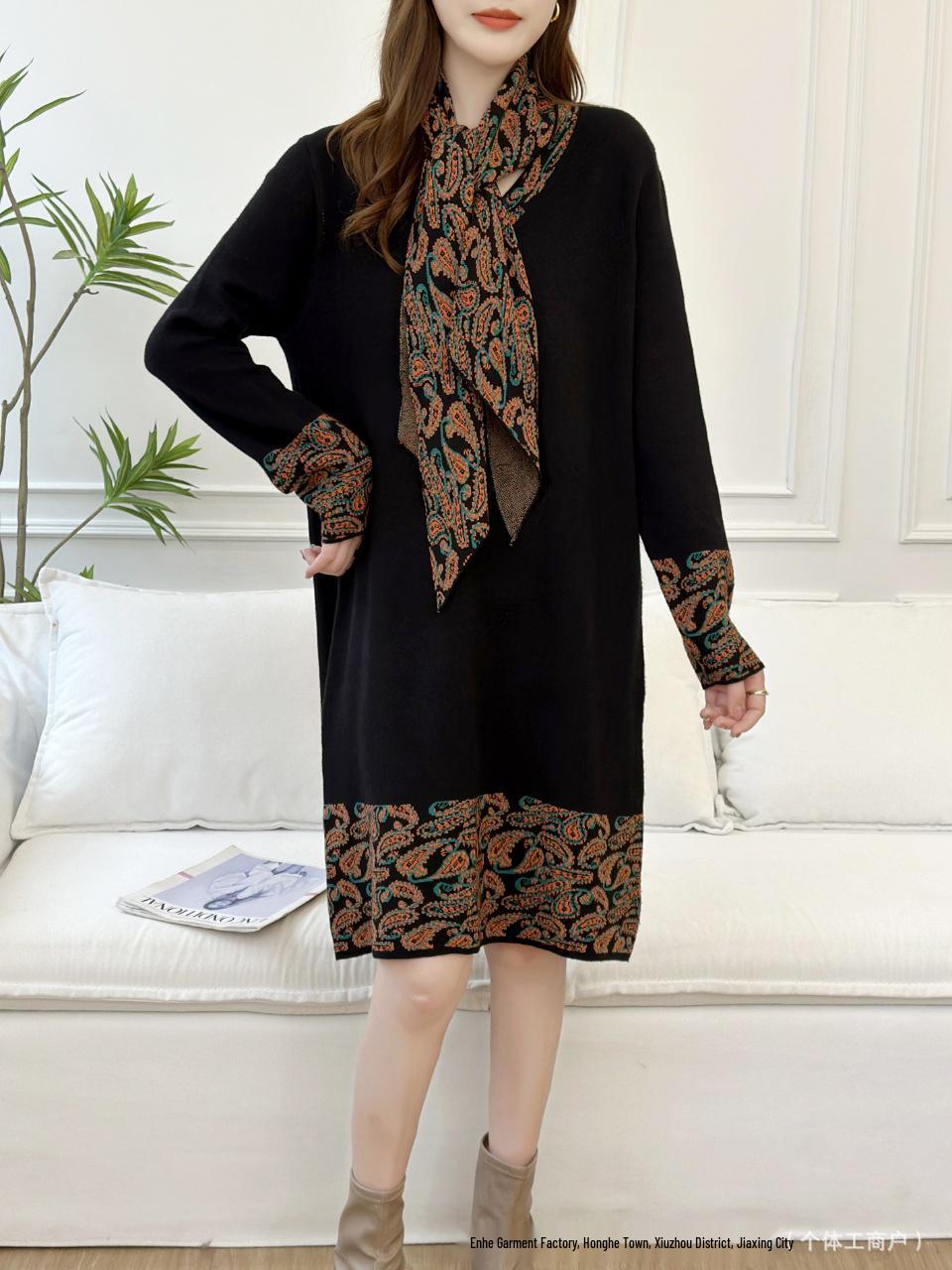 

2025 Mid-Length Stylish Women s Dress with Scarf – Perfect Spring/Autumn Gift for Mom One Size чорний