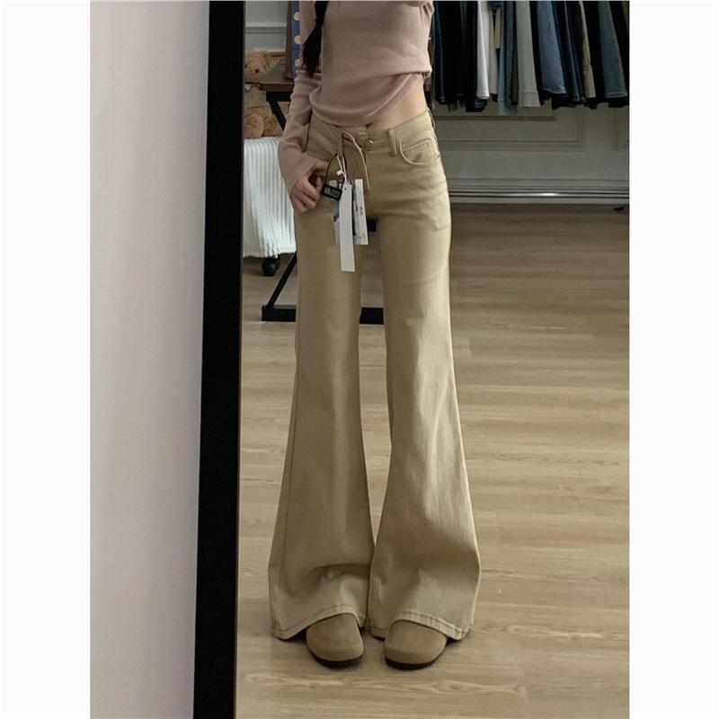 

American Spicy Girl High-Waisted Micro-Flare Khaki Jeans - Slimming Elastic Bell Bottoms for Women L хакі