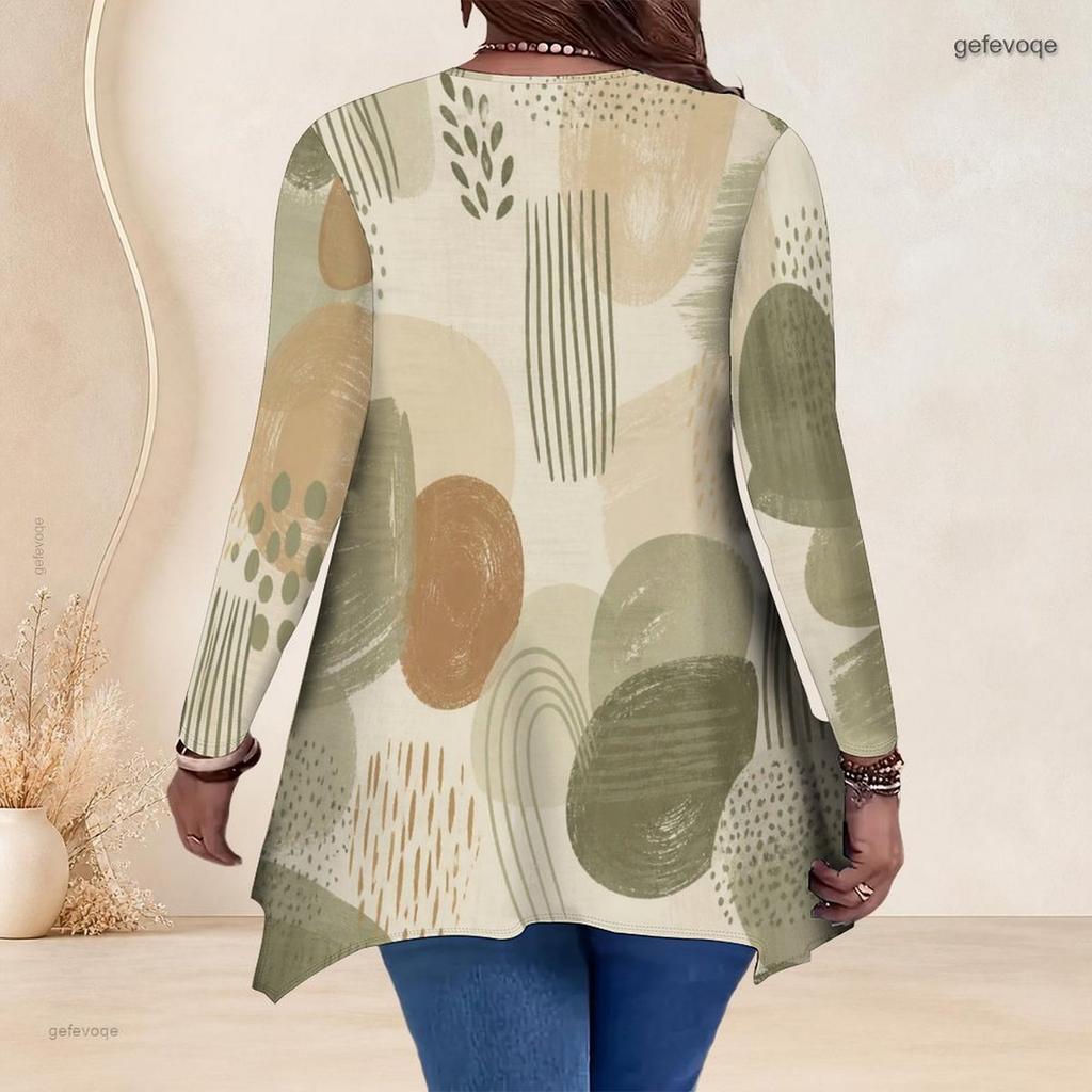 Women Plus Size V Neck Long Sleeve Colorful Printed Asymmetric Hem Flared Tunic Top