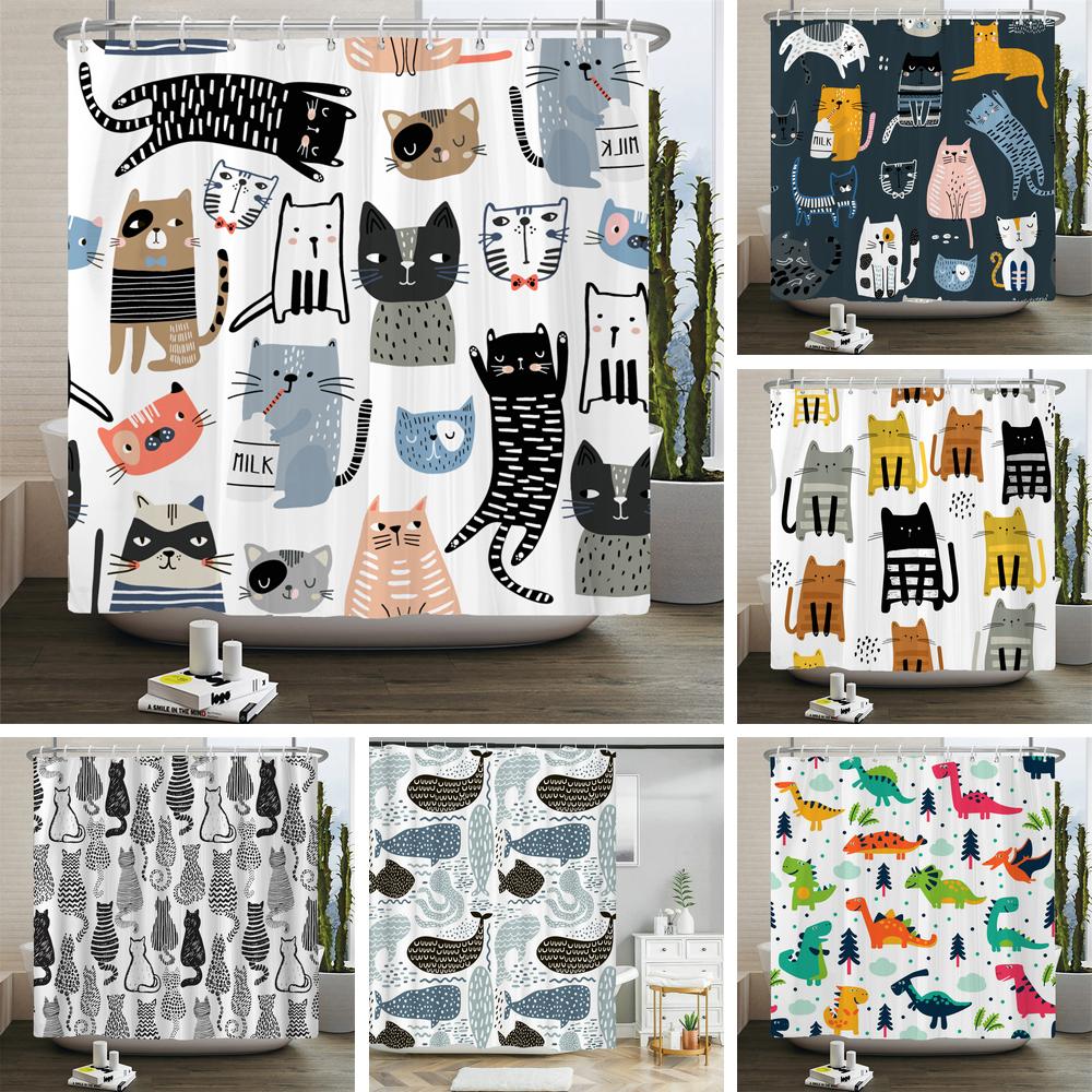 Cat Printed Shower Curtain Cartoon Animal Bath Curtains Bathroom For Bathtub Bathing Cover Shower Curtains with 12 Pcs Hooks