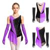 Kids Girls Latin Dance Figure Skating Leotard Sleeveless Mesh Patchwork Shiny Rhinestone Color Block with 1 Pair Gloves Competition Stage Performance