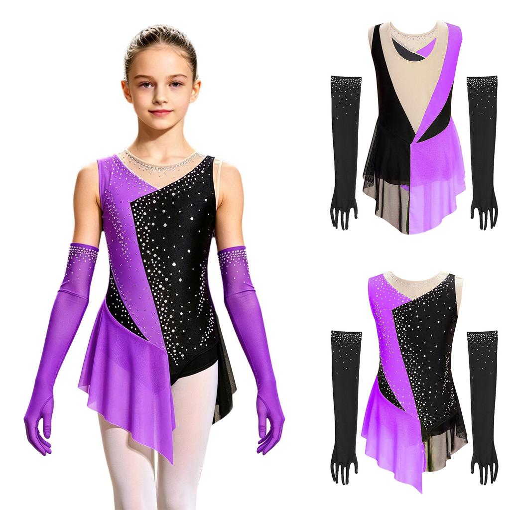 Kids Girls Latin Dance Figure Skating Leotard Sleeveless Mesh Patchwork Shiny Rhinestone Color Block with 1 Pair Gloves Competition Stage Performance