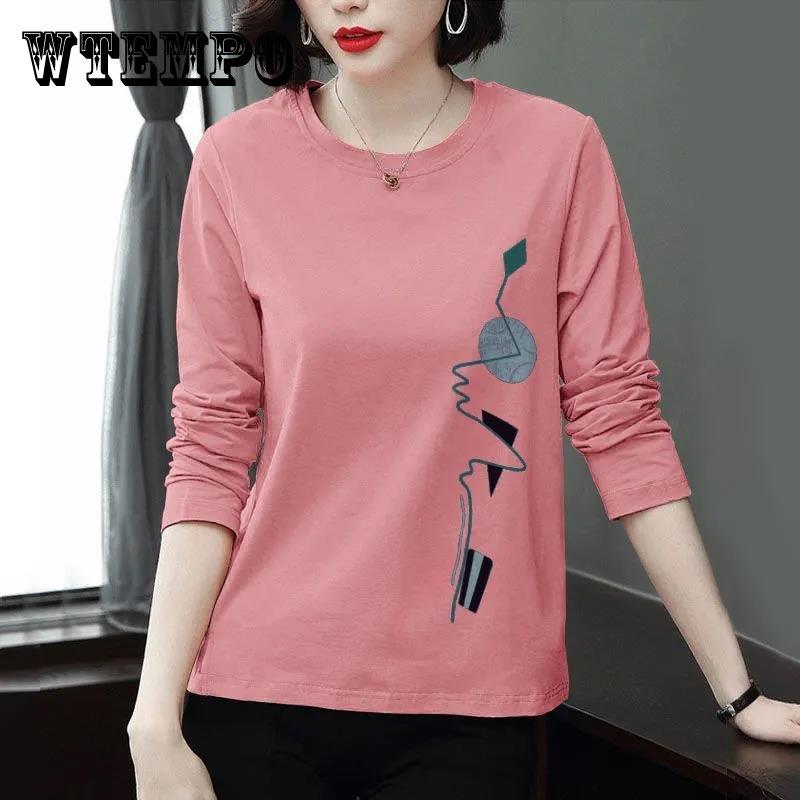 

WTEMPO женские весенне-летние свободные хлопковые топы с круглым воротником, женские весенние повседневные блузки с длинными рукавами и принтом большого размера