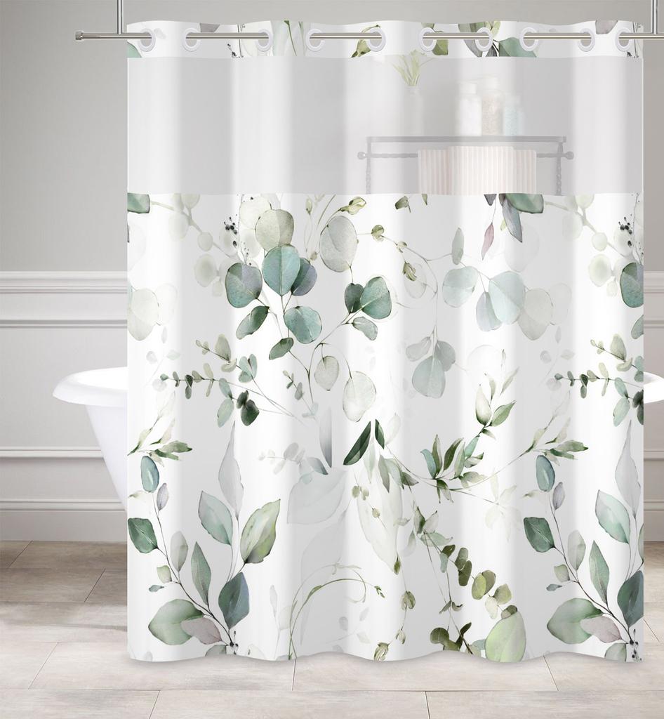 Hookless Double Layer Shower Curtain Waterproof Removable Lined Leaves Plants Flower Modern Bathroom Decorative Shower Curtains