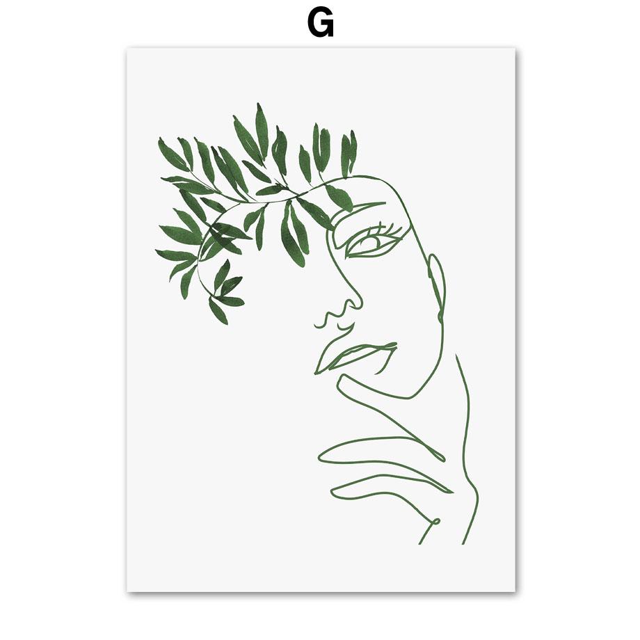 Abstract Line Girl Face Monstera Leaf Green Arched Nordic Posters And Prints Art Canvas Painting Wall Pictures Living Room Decor