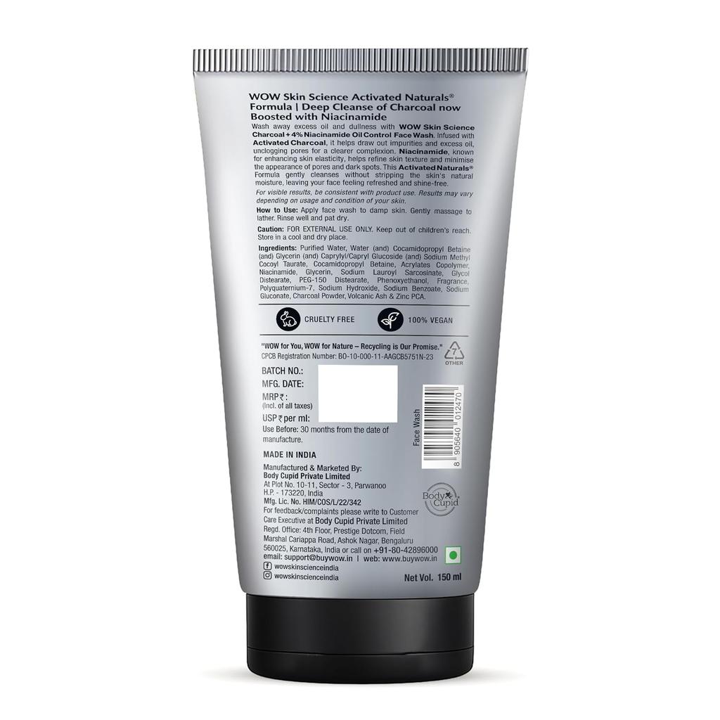 WOW Skin Science Men Charcoal Niacinamide Face Wash Oil Control Deep Cleanse 150ml Gentle Daily Cleanser for Oily Skin Shine Reduction