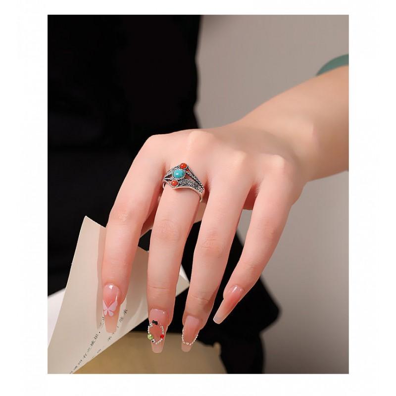 Adjustable Vintage Copper Ring With Turquoise Red Agate Inlay Hollow Carved Floral Ethnic Style Women Men