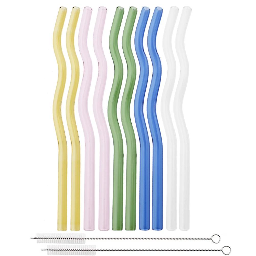 12Pcs Colorful Glass Straws Wavy Reusable Drinking Straws Eco-friendly Straws for Drinks Coffee Milk Tea Straw Barware