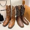 Autumn and winter thick heel versatile western cowboy boots embroidered sleeve knight boots retro medium tube square boots