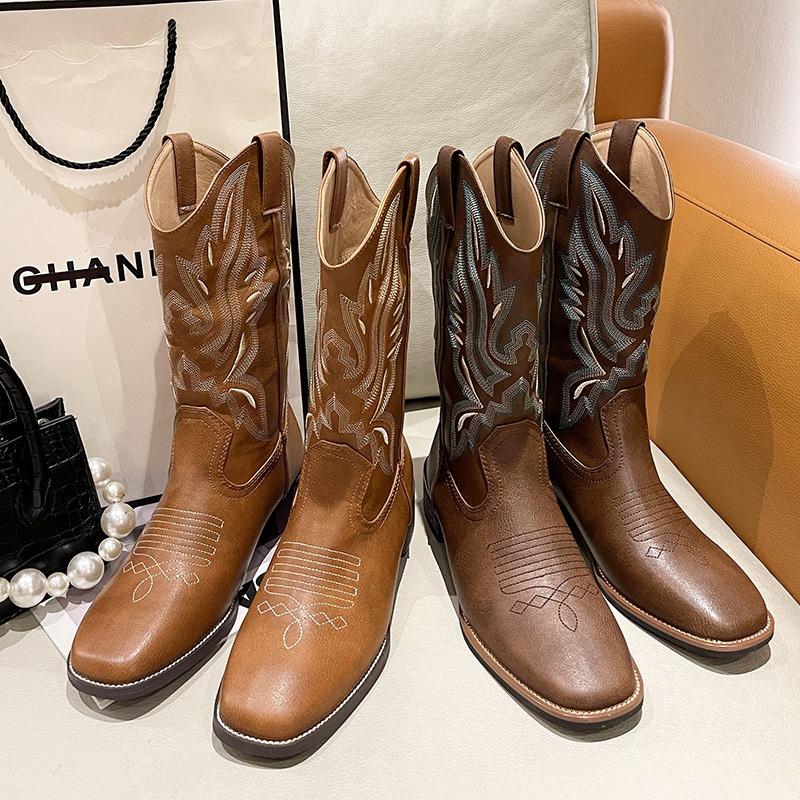 Autumn and winter thick heel versatile western cowboy boots embroidered sleeve knight boots retro medium tube square boots