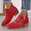 Embroidered Women's Ankle Boots New Plus Size Round Toe Chunky Heel Side Zipper Fashion Martin Boots