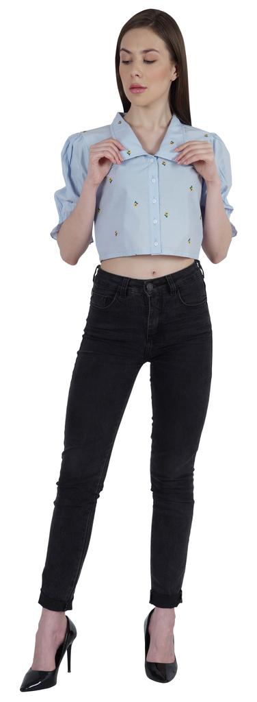 Moomaya Puff Sleeve Crop Top For Women Solid Button Down Collar Designer