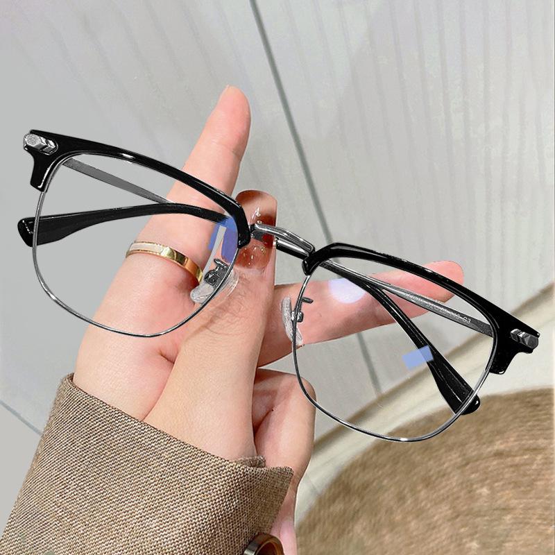 Ultralight Retro Cat Eye Half-Rim Transparent Gray Pure Titanium Eyeglasses Frame for Prescription Lenses