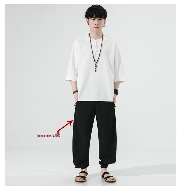 Men's Retro Plus Size Cotton Linen Hanfu T-shirt with Frog Button, Three-Quarter Sleeves