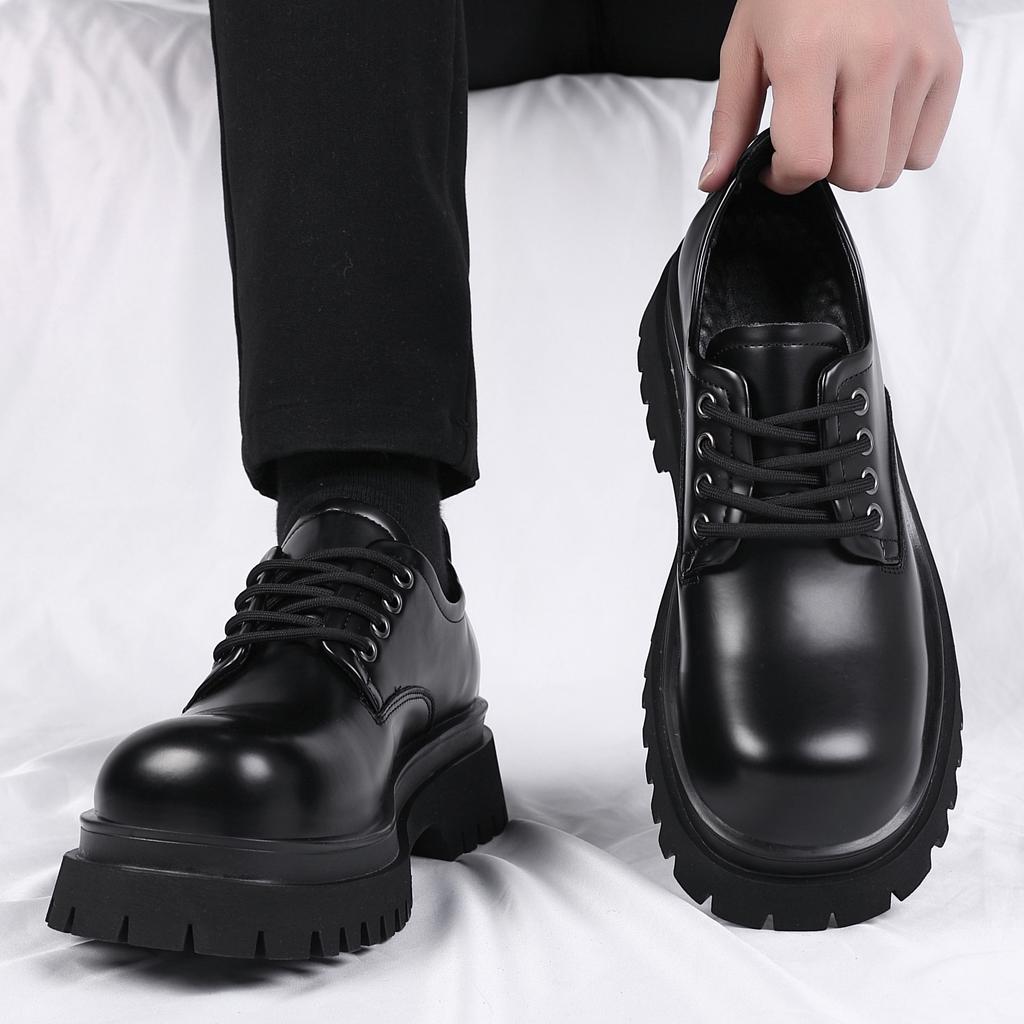 2025 New Men's Shoes Trendy Brand High-end Big Head Leather Shoes Black Low-top Martin Shoes Casual Platform Derby Shoes