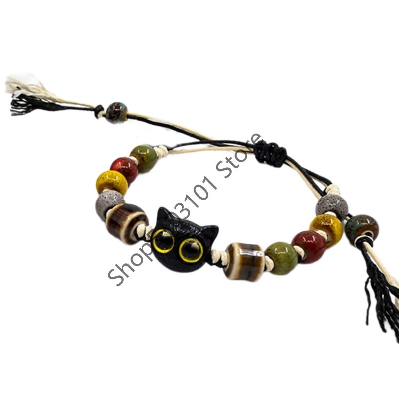 Big Eye Cat Bracelets for Women Men Sweet Cool Heart Ceramic Beaded Bracelet Adjustable Braided Rope Aesthetic Party Jewelry