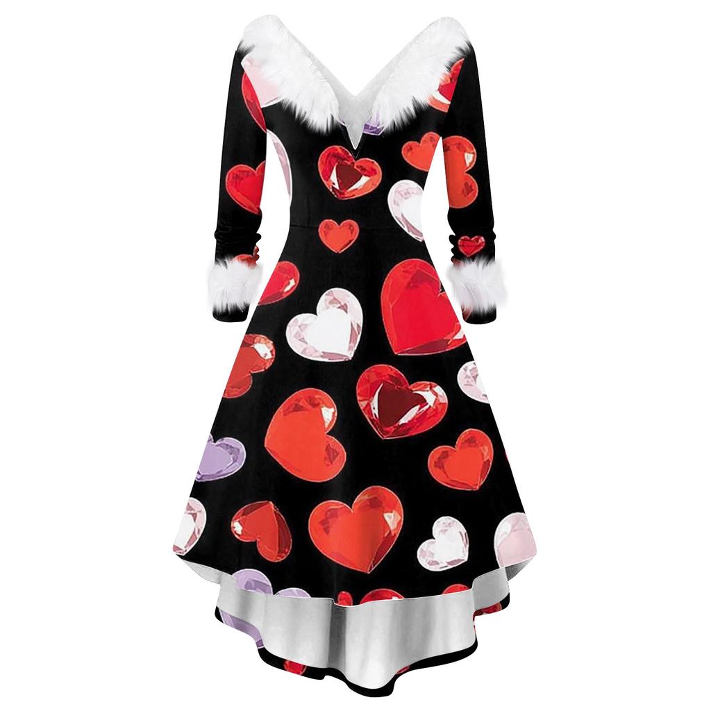 Damen stilvolles und elegantes langärmeliges V-Ausschnitt Kleid mit Valentinstags-Herzprint