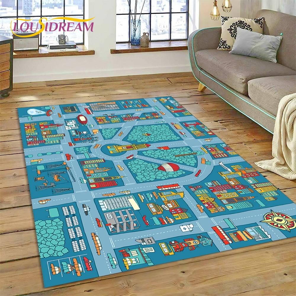 3D Autobahn Laufsteg Spielzimmer Stadtverkehr Straßenkarte Kinderspielmatte Teppich für Wohnzimmer Schlafzimmer Heimdekor, Rutschfest für Sofa